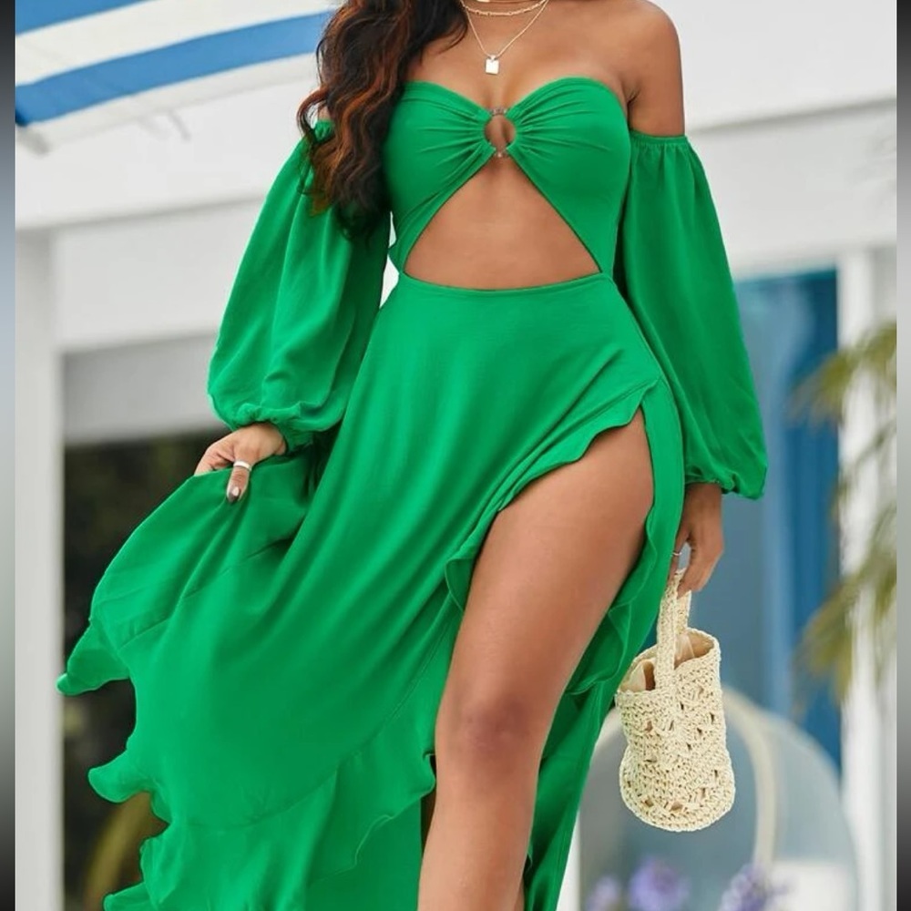 Green Off Shoulder Lantern Sleeve Cut Out O-ring Detail Asymmetrical Hem Dress